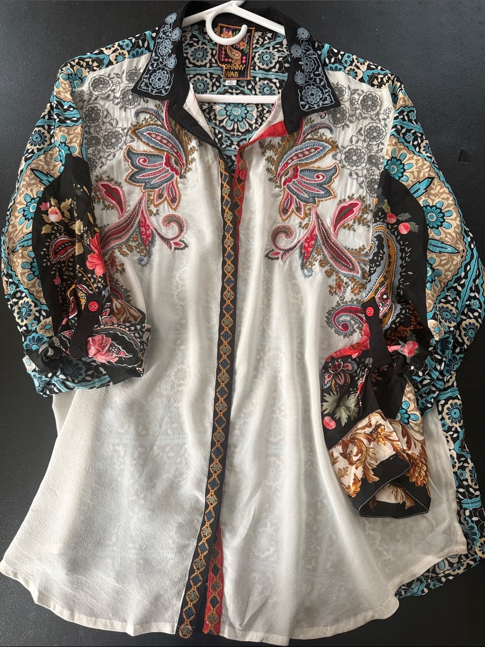 Johnny Was Cream Button-Down Shirt with Multicolor Floral Paisley Accents